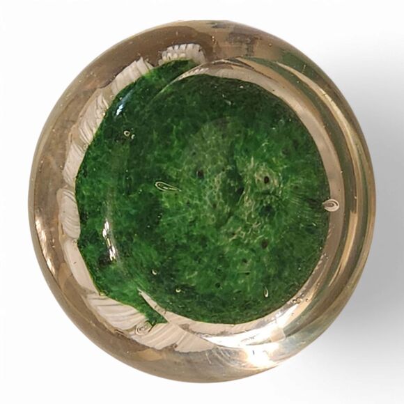 Vintage Murano Millefiori Art Glass Paperweight, White and Green, about 3" wide - Picture 6 of 7